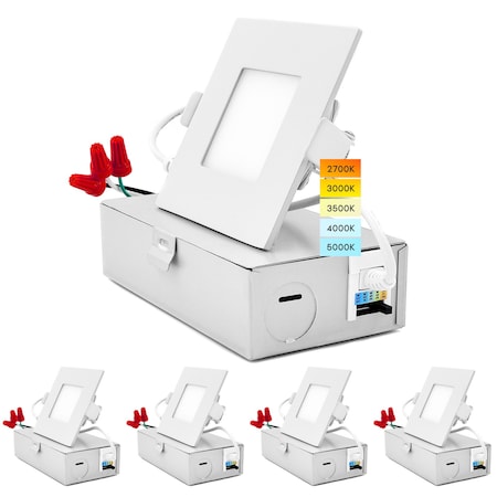 Luxrite 3" Square Ultra Thin LED Recessed Downlights 5 CCT Selectable 2700K-5000K 8W 540LM Dimmable 4-Pack LR23754-4PK